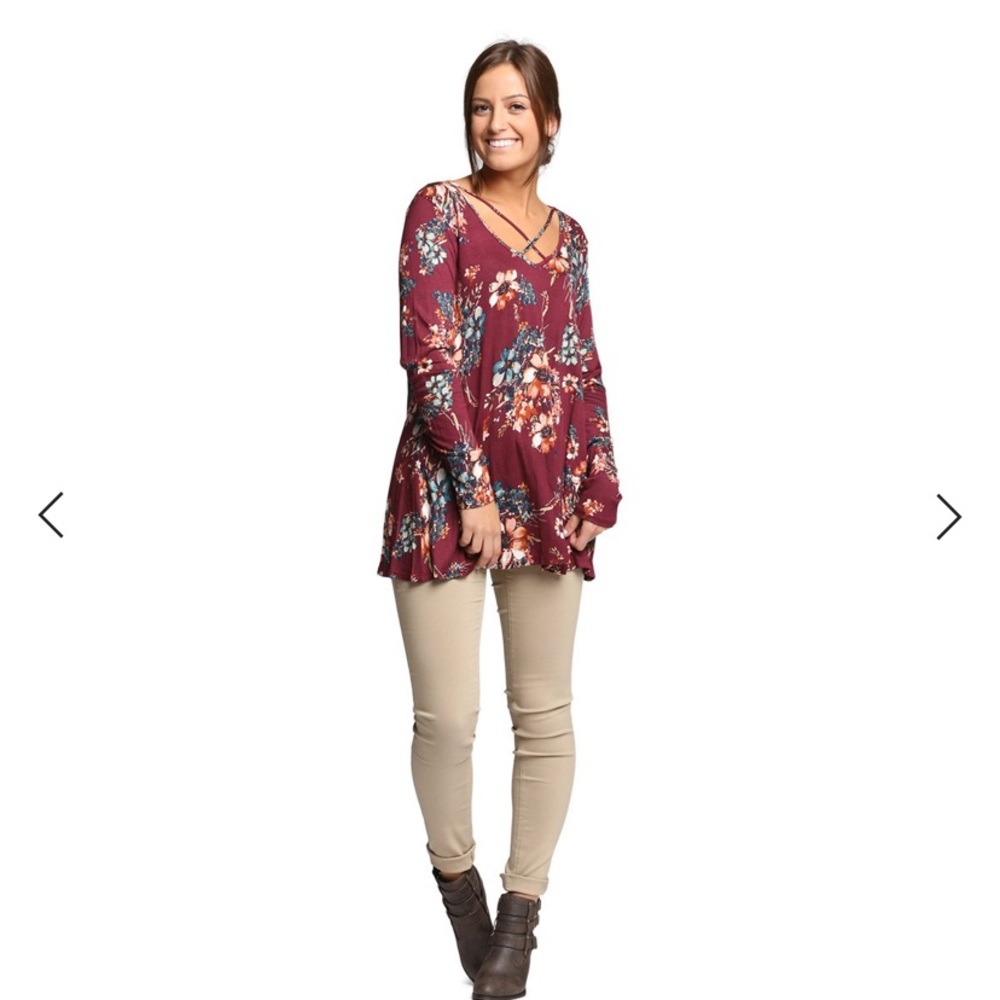 Jodifl Criss Cross Burgandy Floral Long Sleeve